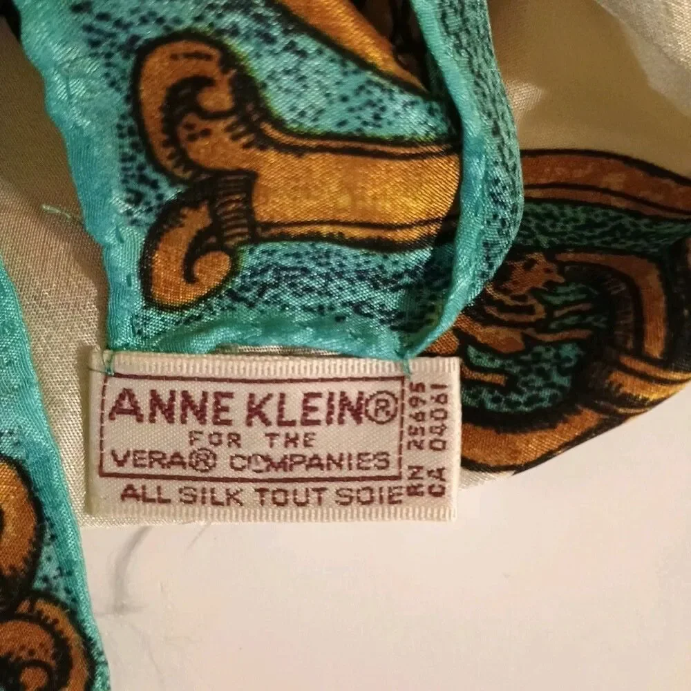 Anne Klein for Vera Co. Scarf Blue Brown Keys Silk Rectangle 51x11 Japan